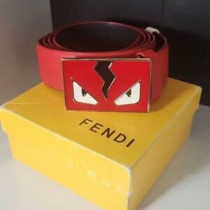 Fendi Red Leather Belt with Enamel Monster-Eye Buckle